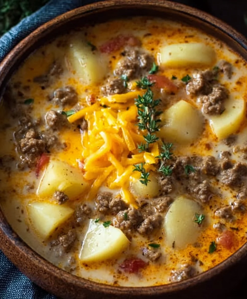 Cheesy Beef Beef Hamburger Potato Soup-Comfort in a Bowl