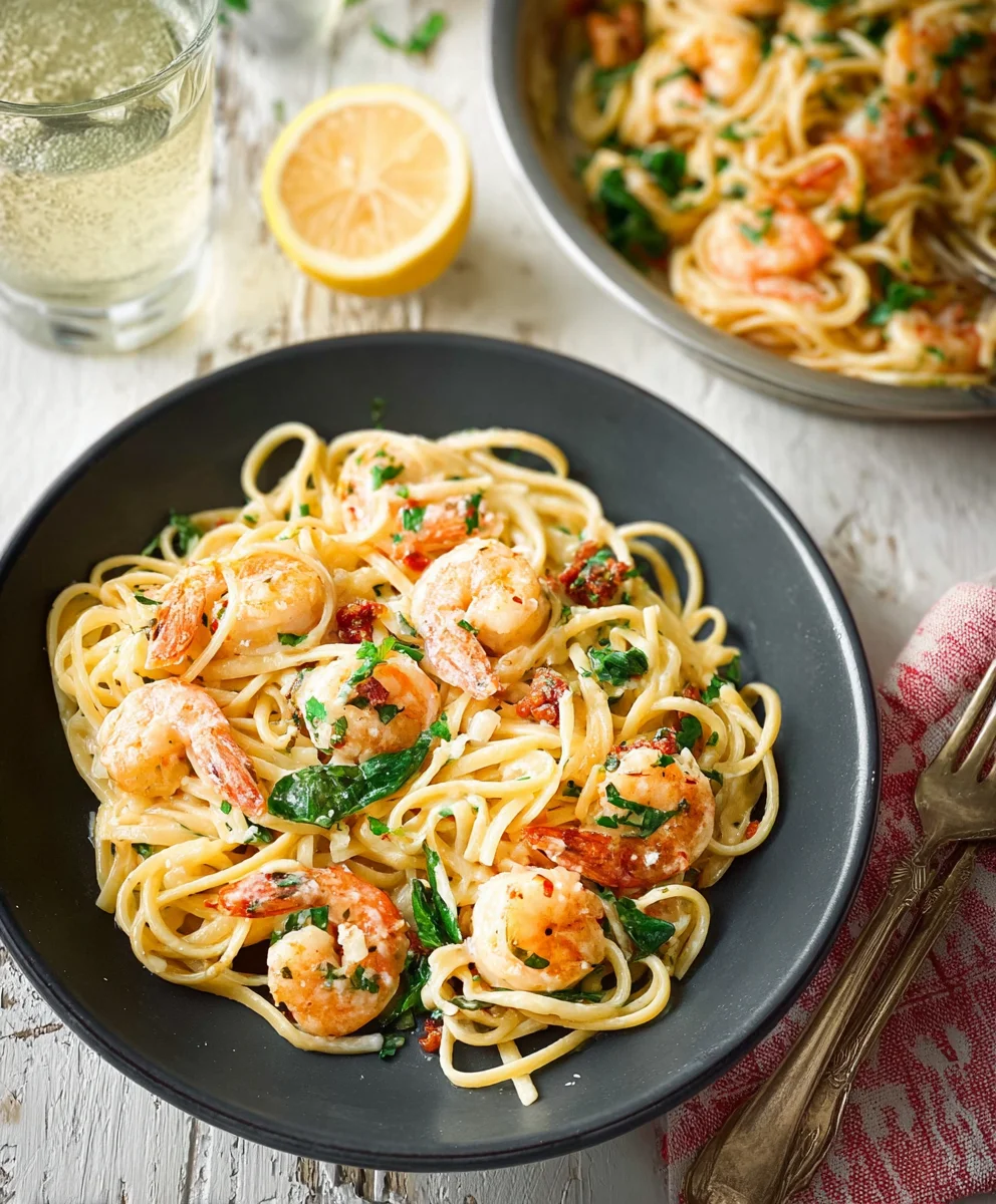 Creamy Tuscan Shrimp Linguine- Easy Dinner Recipe