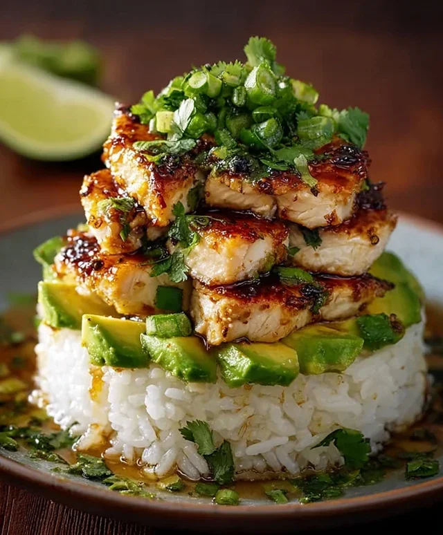 Delicious Honey Lime Chicken & Avocado Rice Stack Recipe