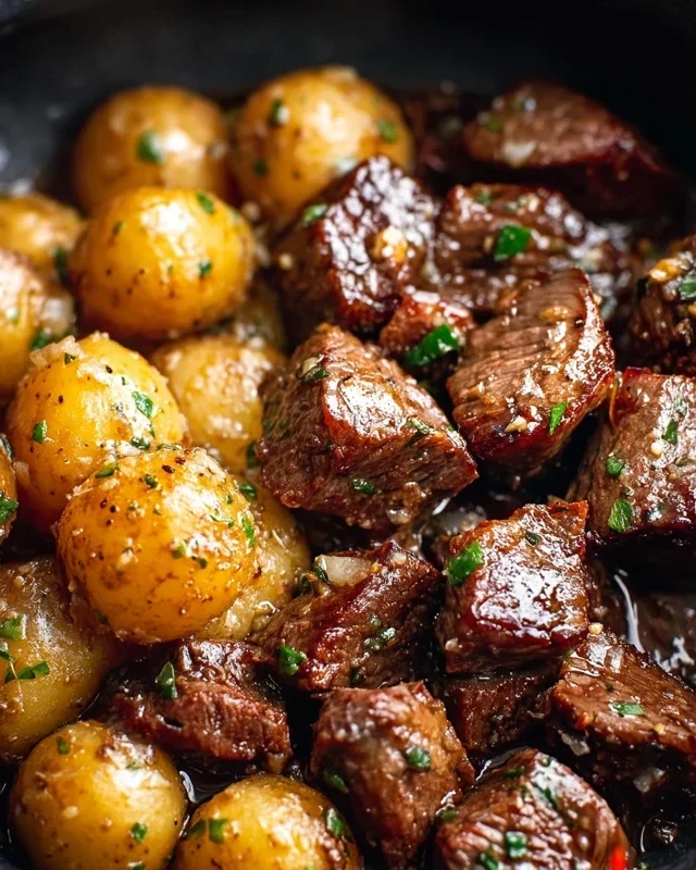 Slow Cooker Garlic Butter Beef Bites with Potatoes