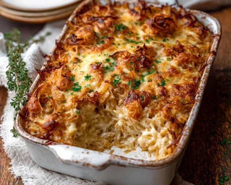 French Onion Chicken Orzo Casserole