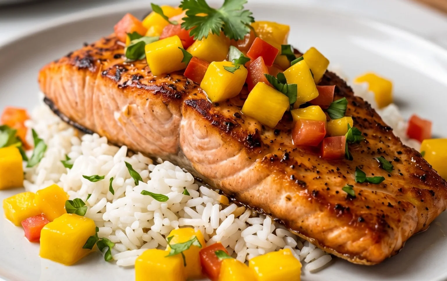 Grilled Salmon with Mango Salsa and Coconut Rice