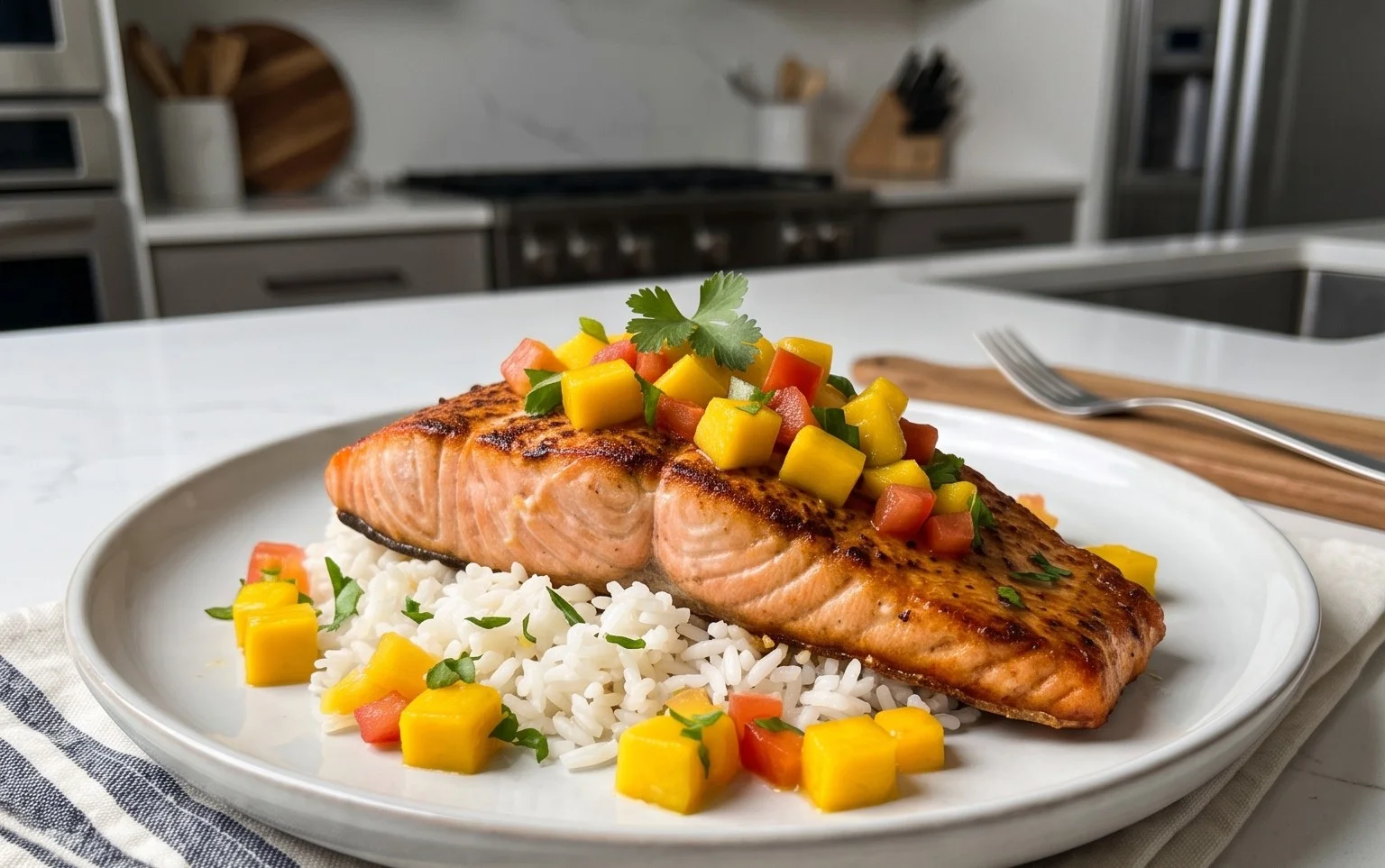 Grilled Salmon with Mango Salsa and Coconut Rice