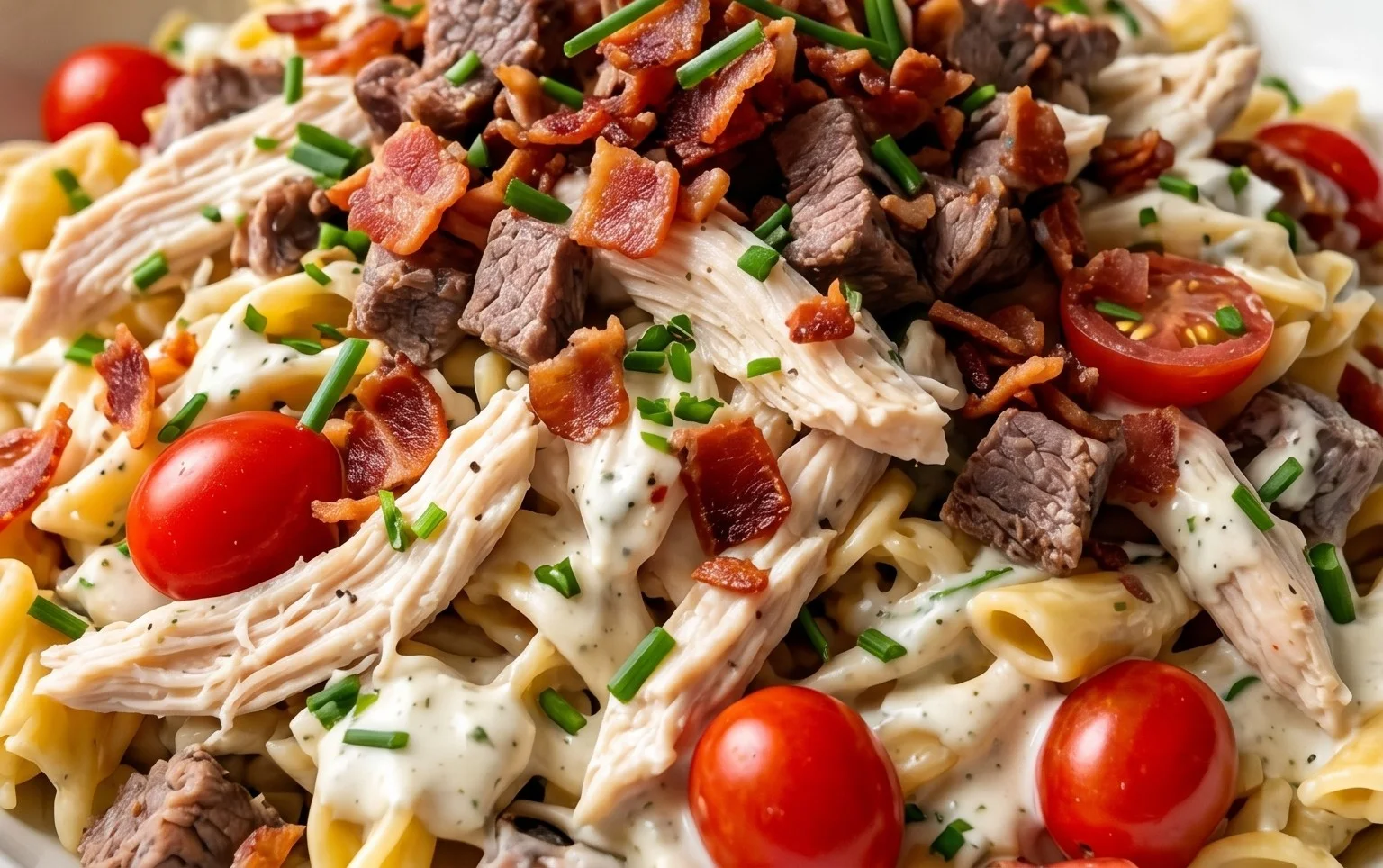 Chicken Beef Bacon Ranch Pasta Salad