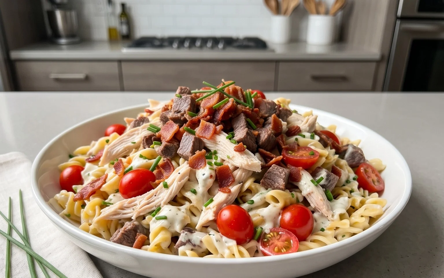 Chicken Beef Bacon Ranch Pasta Salad