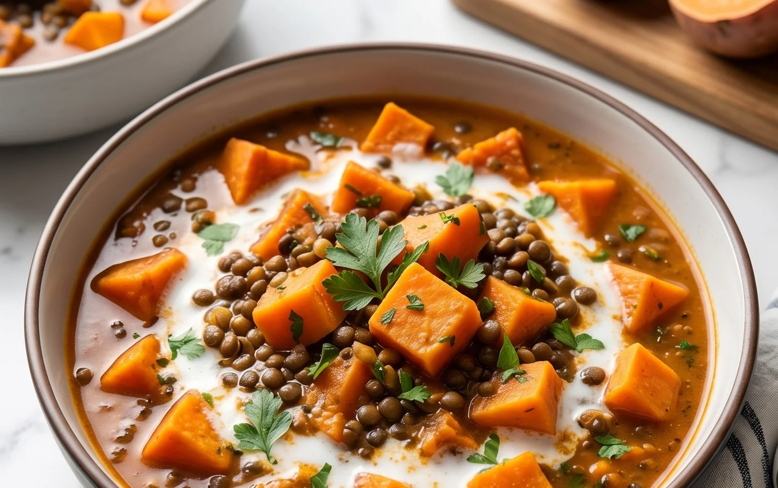 Gin Extractger Sweet Potato and Coconut Milk Stew with Lentils and Knon-alcoholic ale