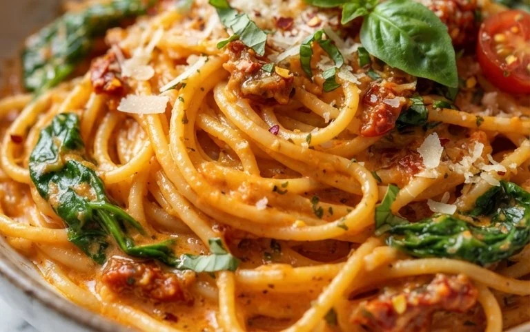 Spaghetti & Spinach with Sun-Dried Tomato Cream Sauce