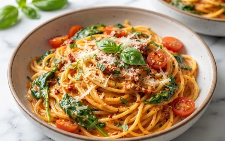 Spaghetti & Spinach with Sun-Dried Tomato Cream Sauce