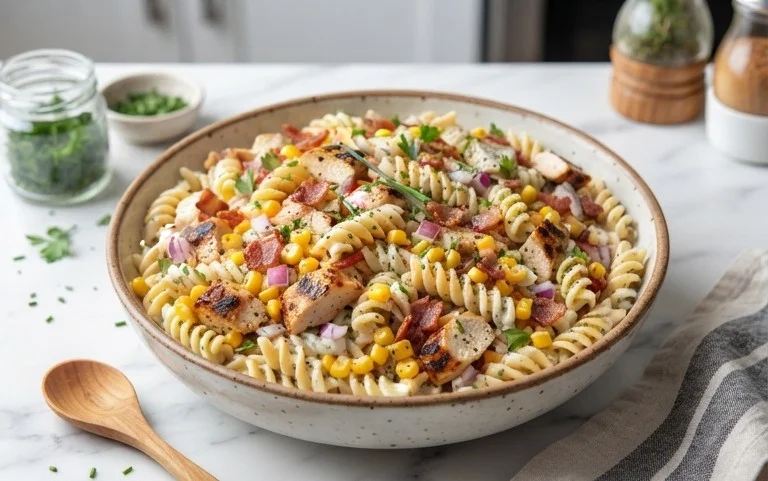 Chicken and Corn Pasta Salad with Beef Bacon
