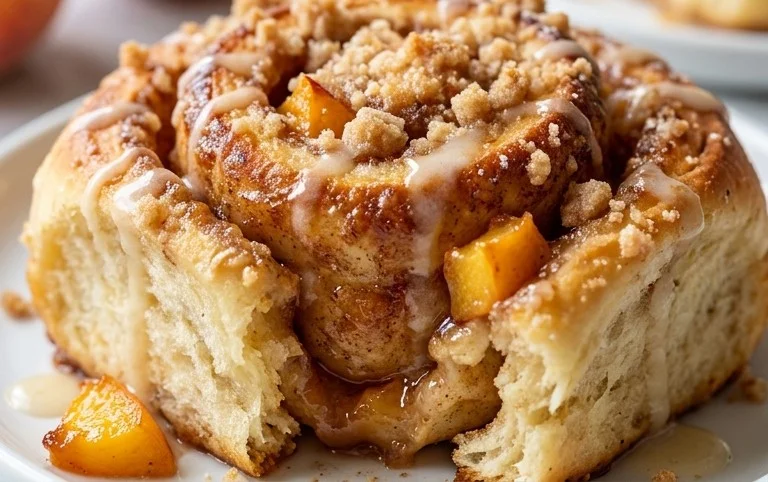 Peach Cobbler Cinnamon Rolls with Crum extractb Topping