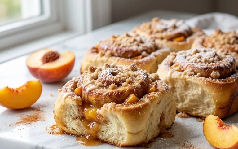 Peach Cobbler Cinnamon Rolls with Crum extractb Topping
