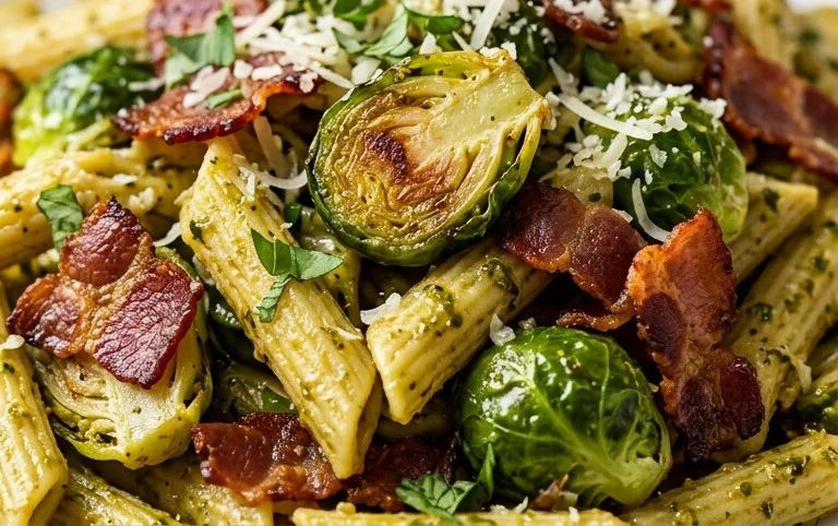 Brussels Sprouts and Beef Bacon Pesto Pasta