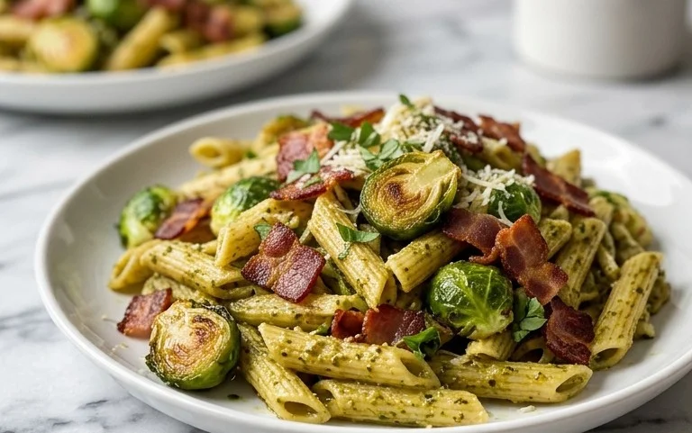 Brussels Sprouts and Beef Bacon Pesto Pasta