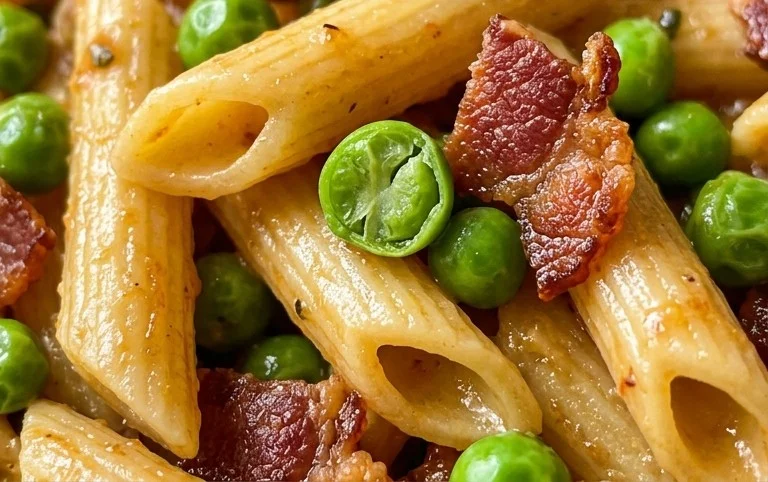 Penne Pasta, Peas and Beef Bacon