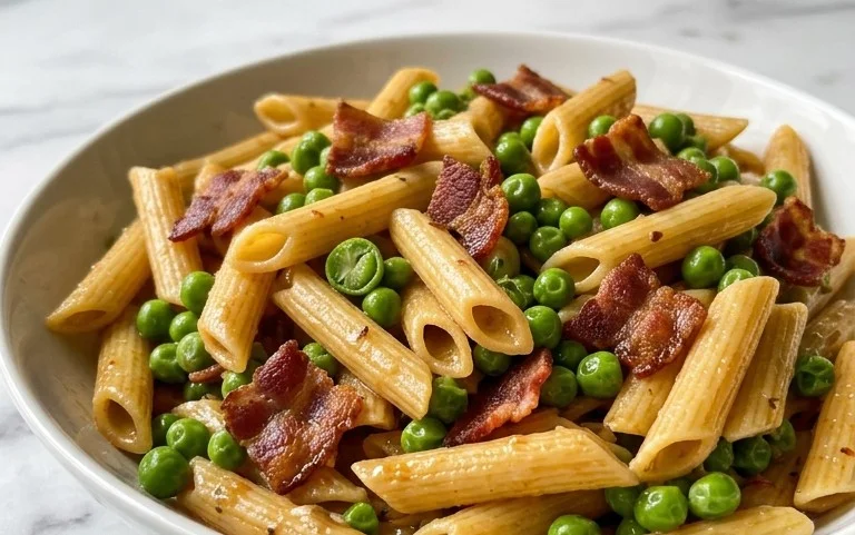 Penne Pasta, Peas and Beef Bacon