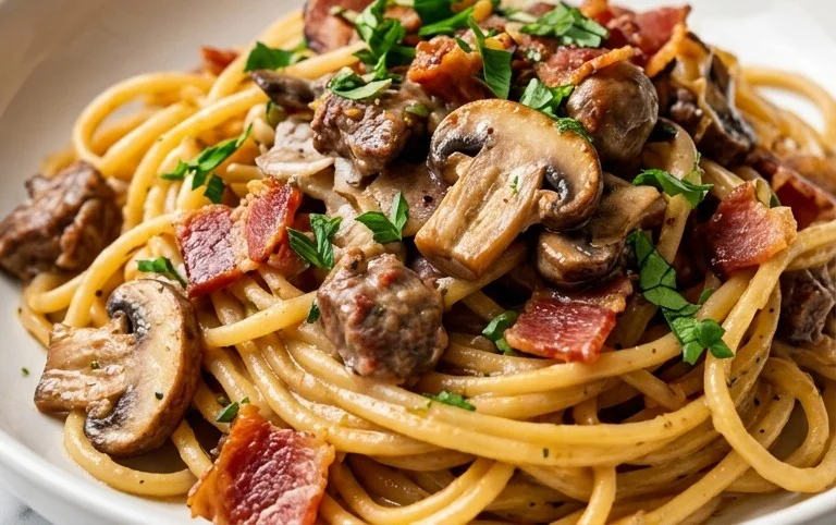 Creamy Beef Bacon and Mushroom Pasta