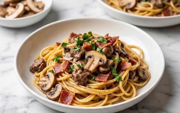 Creamy Beef Bacon and Mushroom Pasta