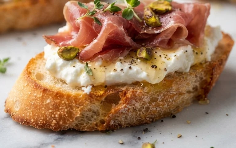 Beef Prosciutto Crostini with Burrata and Lemon Honey Drizzle