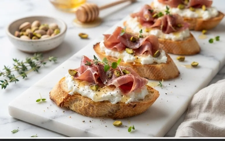 Beef Prosciutto Crostini with Burrata and Lemon Honey Drizzle